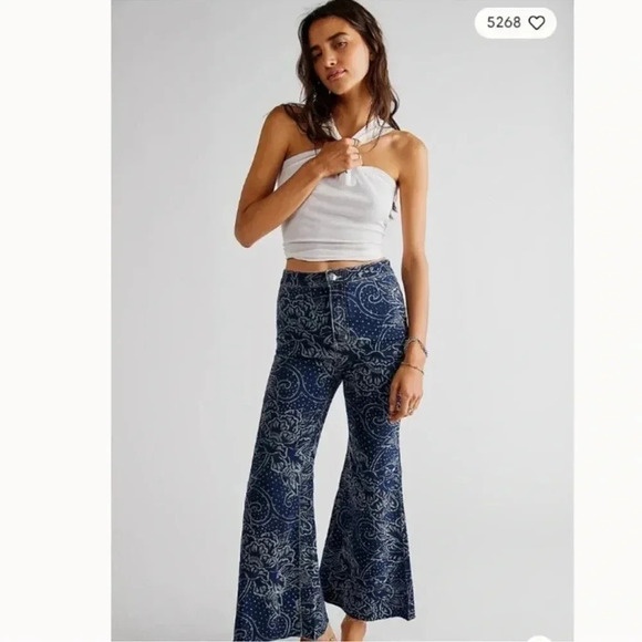 Free People Printed Crop Flare Jeans High Rise Denim Ankle Blue We The Free - Picture 17 of 17